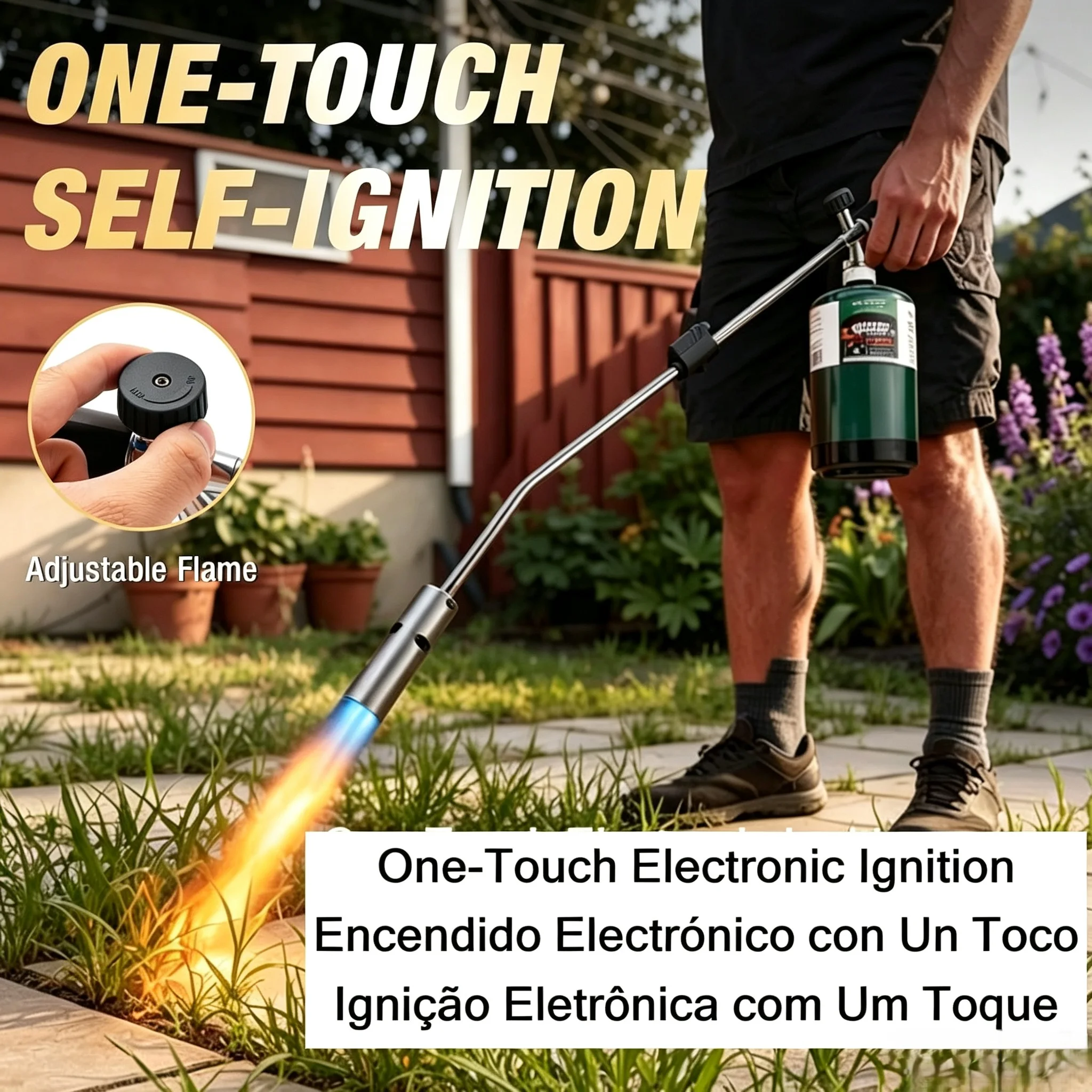 Long Handle Weed Torch, One-Touch Ignition Garden Weed Burner with Adjustable Flame, Gas Canister Not Included