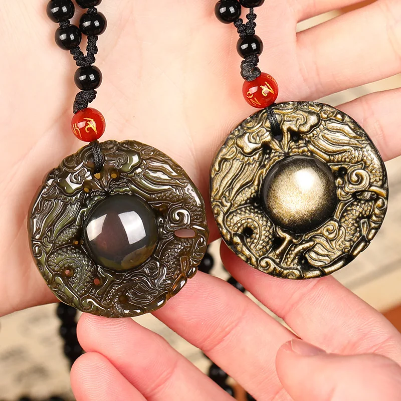 Ice Color Obsidian Dragon Protecting Master Pendant Zodiac Necklace The Six-Syllable Mantra Carry-on Golden Glory Stone Pendant