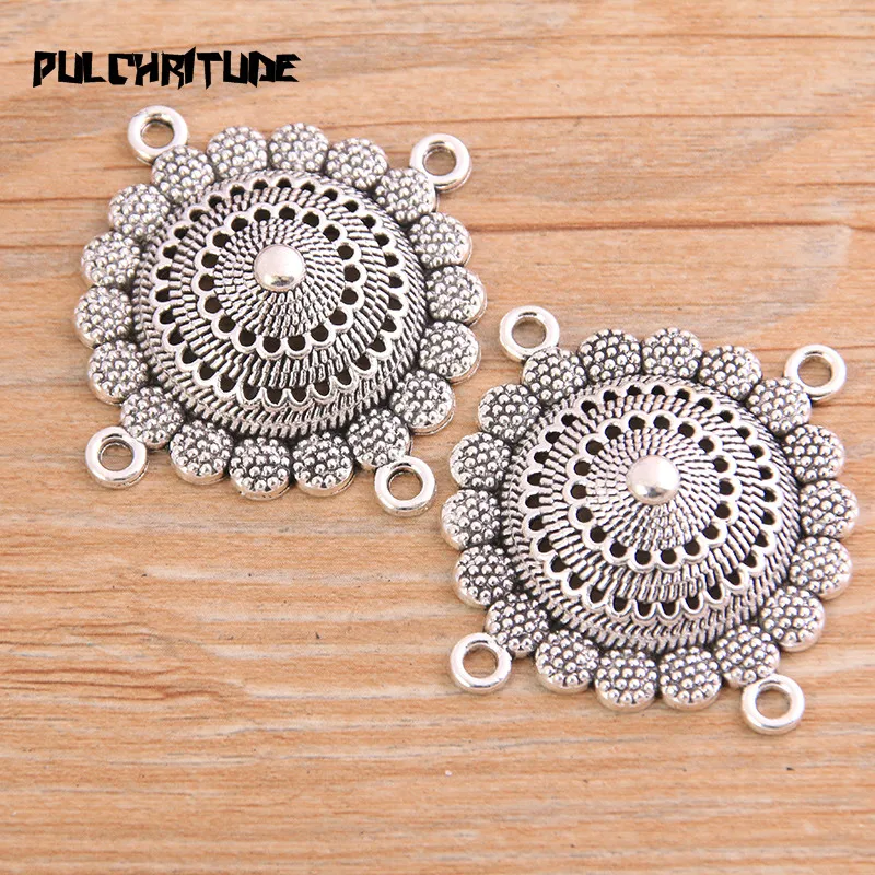 PULCHRITUDE 4pcs 34*34mm New Product Two Color Zinc Alloy Round Hollow Flower Connectors Jewelry Making DIY Handmade Craft