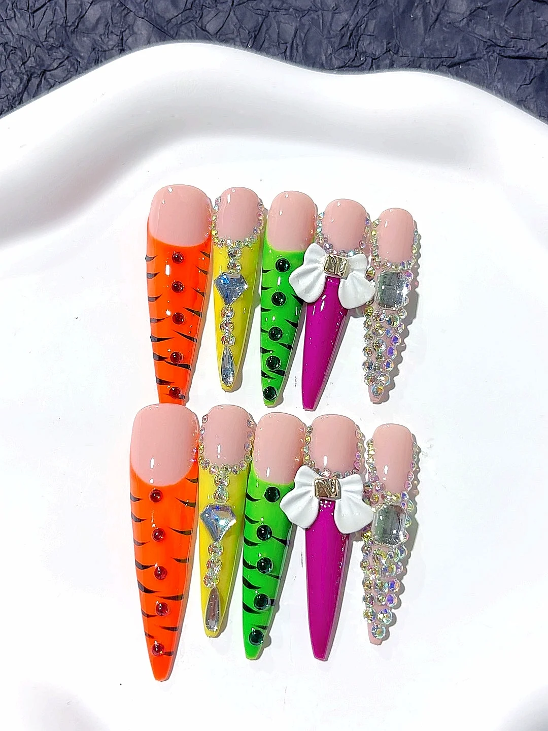5cm Multi-Color French Butterfly Rhinestone Long Pointed Fashion Nail Art (M039)