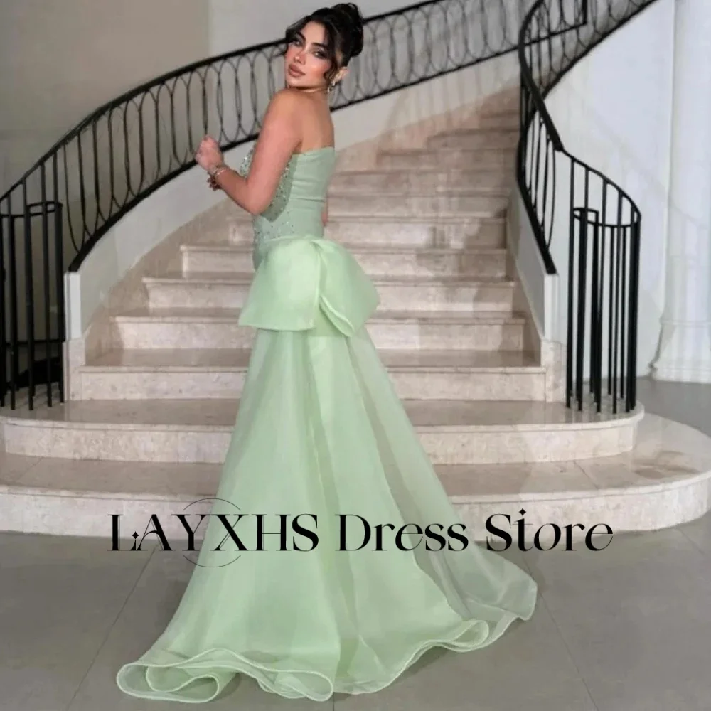 LAYXHS – robe de soirée verte sans bretelles, style sirène, avec traîne Court perlée, robes de bal personnalisées