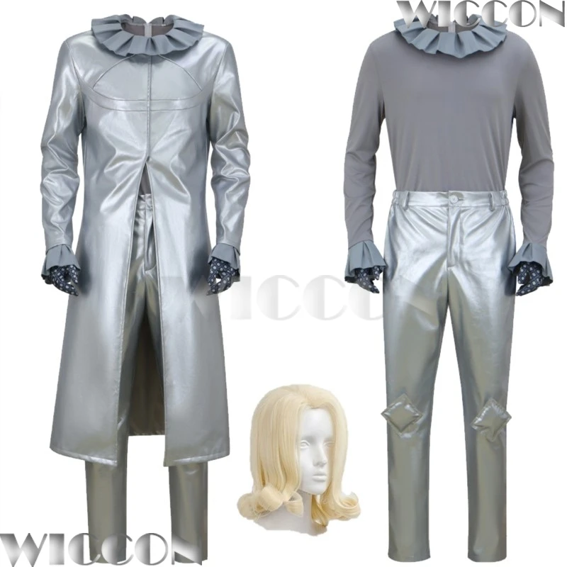 

STEEL ANIME BALL RUN Funny Valentine Cosplay wig Cape President Hallowen Silver Color Cape Pants Shinny Navidad Carnaval Outfit