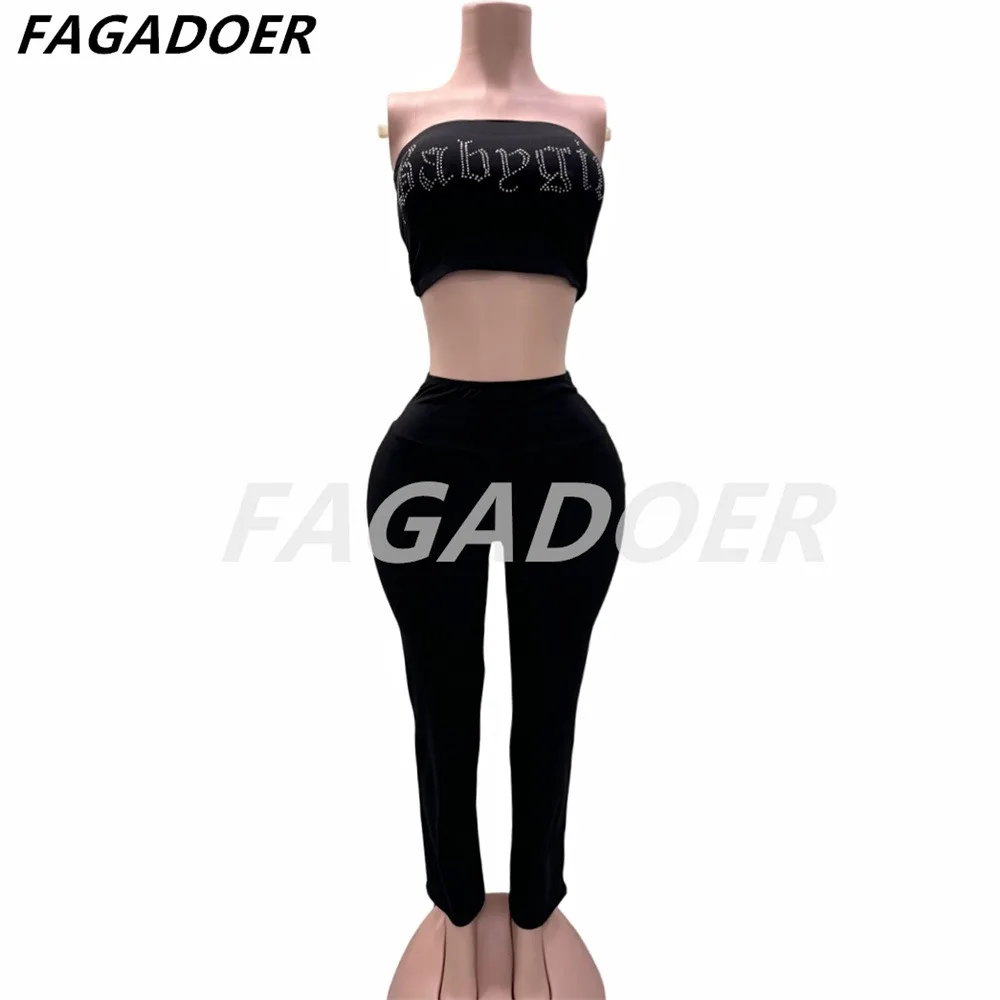 FAGADOER Rhinestone Letter Tube 2 Piece Set for Women Y2K Black Streetwear Fashion Tube Backless Crop Tops And Skiny Pants Suits