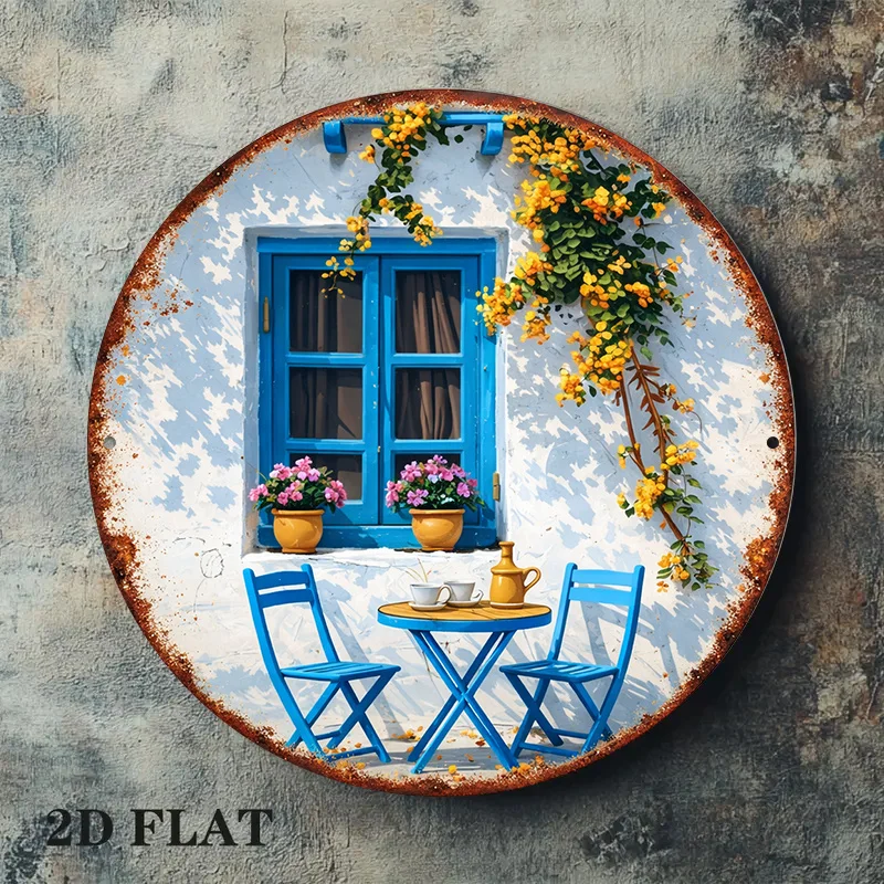 1pc 8*8In/20X20Cm 2D Flat Round Sign, Vintage Plaque about Mediterranean Town, Greek Island Cafe Decorative Sign, Suitable for C