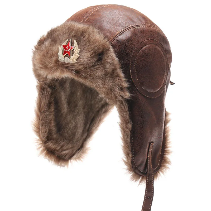 

Men's Winter Faux Leather Thicked Lei Feng Hats Russian Ushanka Hat Outdoor Warm Earflap Windproof Snow Caps with Soviet Badge