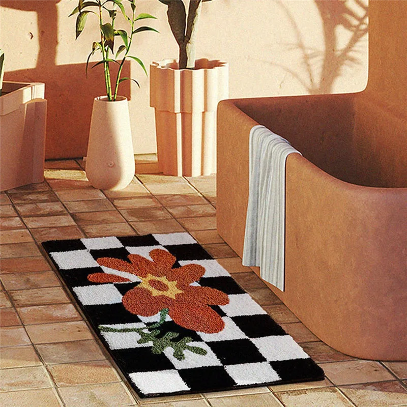 

ABUD-Flower Bath Mats Soft Plush Checkerboard Grids Soft Floral Bathroom Carpet Bedside Carpet Decor Anti Slip Floor Mat
