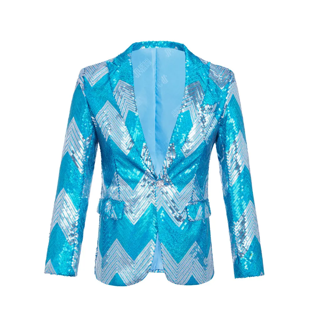 Sequin Jacket Man Wave Pattern Blazer Men Halloween Dress Sky Blue Vibrant Color-blocked Suit Jacket