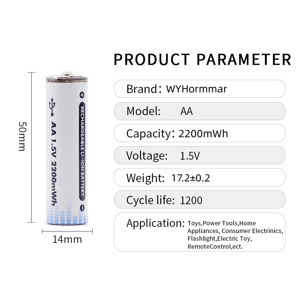 HORMMAR 1.5V USB 2200mWh Lithium Battery AA Rechargeable Batteries with 4-in-1 USB Cable for Smoke Detector Game Machine Camera