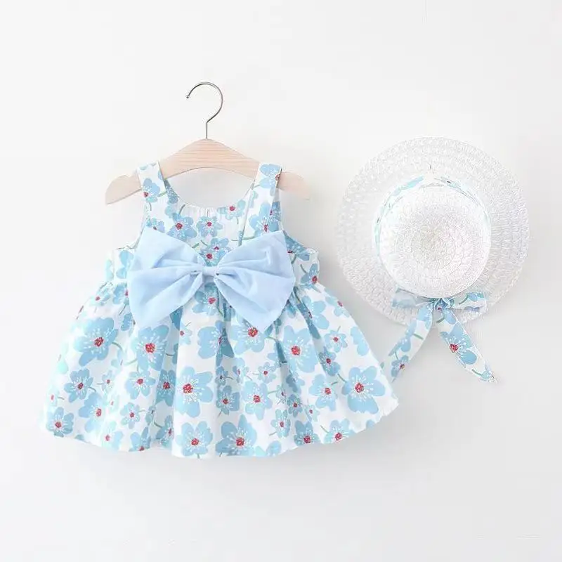 

Summer New Style Strap Beach Floral Dresses Baby Girls Birthday Bow Dress With Sunhat Kids Vacation Sleeveless Outdoor Clothes