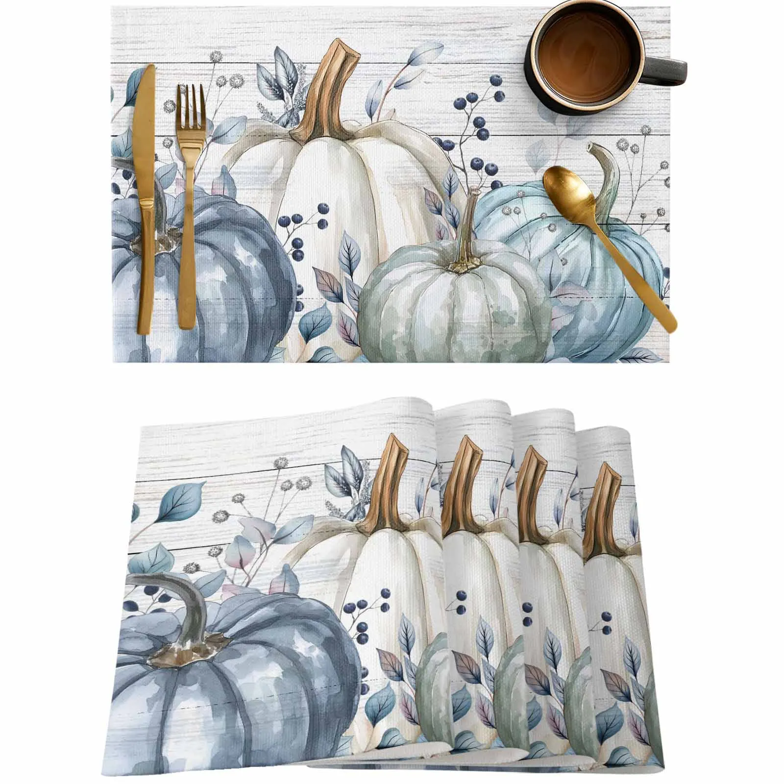 

4/6 Pcs Wood Grain Blue Pumpkin Leaf Vine Placemat Wedding Party Dining Decor Linen Table Mat Kitchen Accessories
