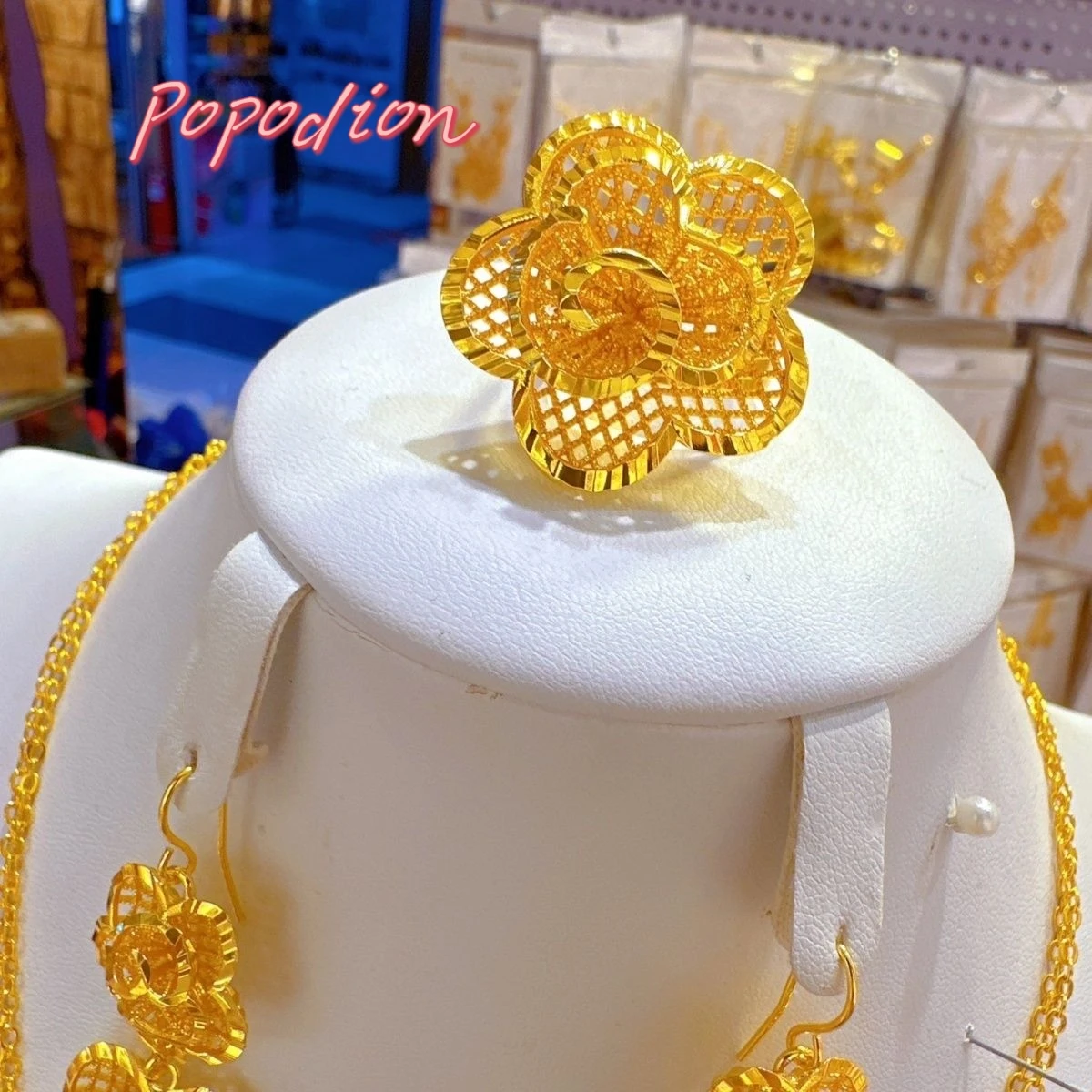 Popodion New 24K Gold Plated Jewelry Flower Necklace Women's Earrings Ring Fashion Accessories YY10359