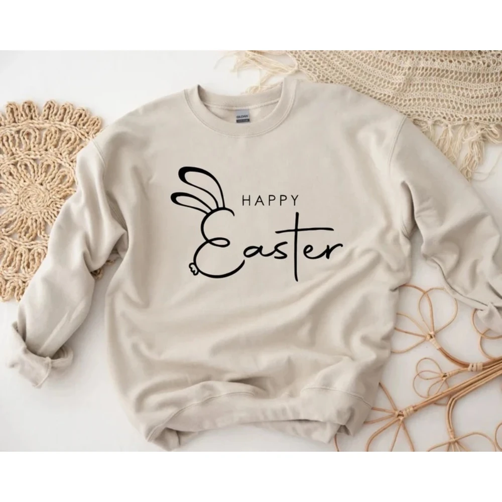 

Happy Easter Sweatshirt Personalized Bunny Rabbit Easter Day Shirt Coquette Aesthetic Trendy Kawaii Cute Tops Women Y2k Pullover