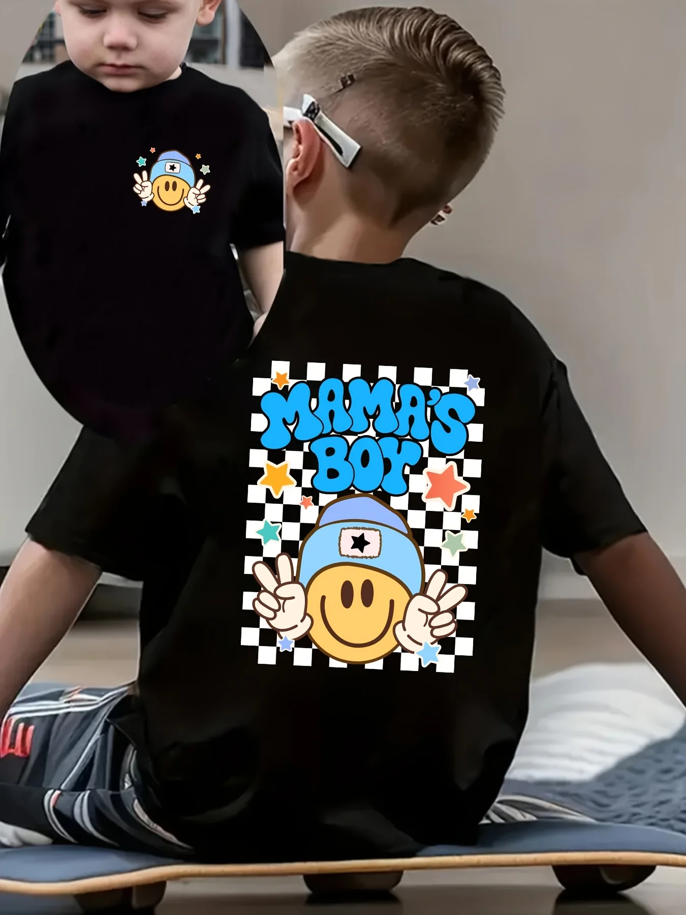 Summer Fashion Children's T-shirt Checkerboard Element Letter Double-sided Printing Cute Short Sleeved Casual Parent-child Top