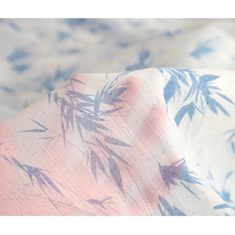 Fabric Wide 130cmx50cm Blue Bamboo Branches and Leaves Pattern Printing and Dyeing  Lightweight FashionDIY Cardigan Dress Hanfu