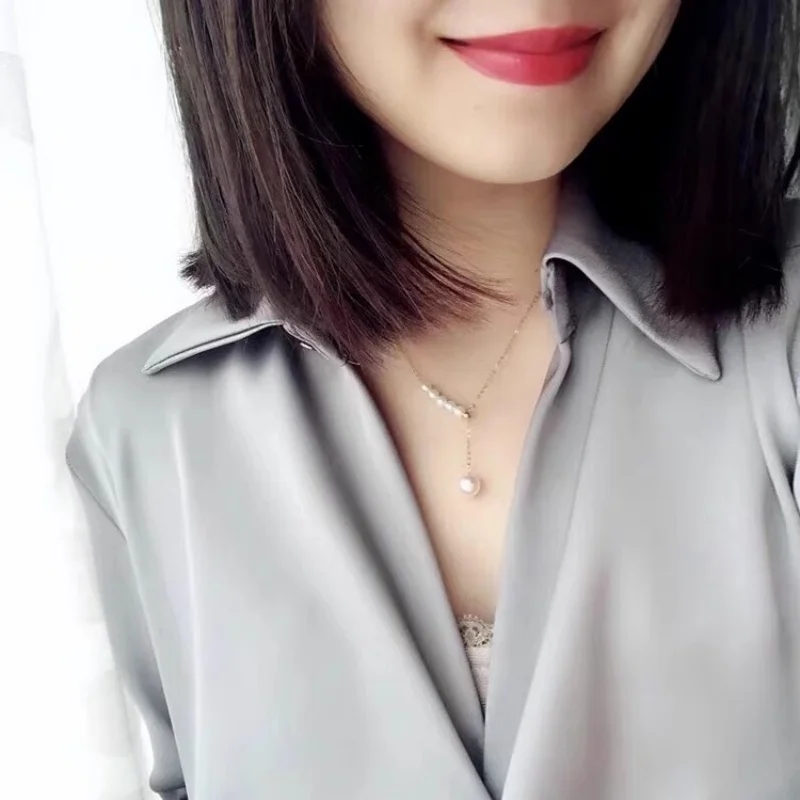 Stunning 18"  4-8mm AAA+  Natural  akoya white Pearl pendant Necklace 925 silver