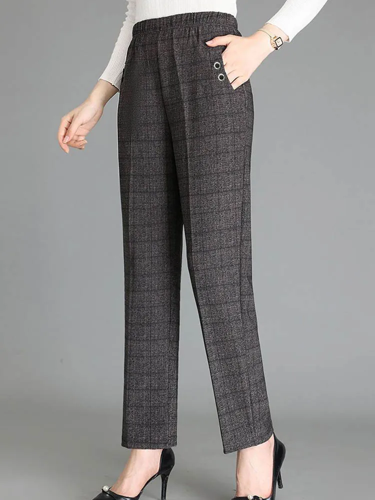 Mom’s Winter Thicken Striped Straight Pants Elegnt Plus Velvet Pantalones Warm High Waist Office Lady Suit Oversize 5xl Trousers