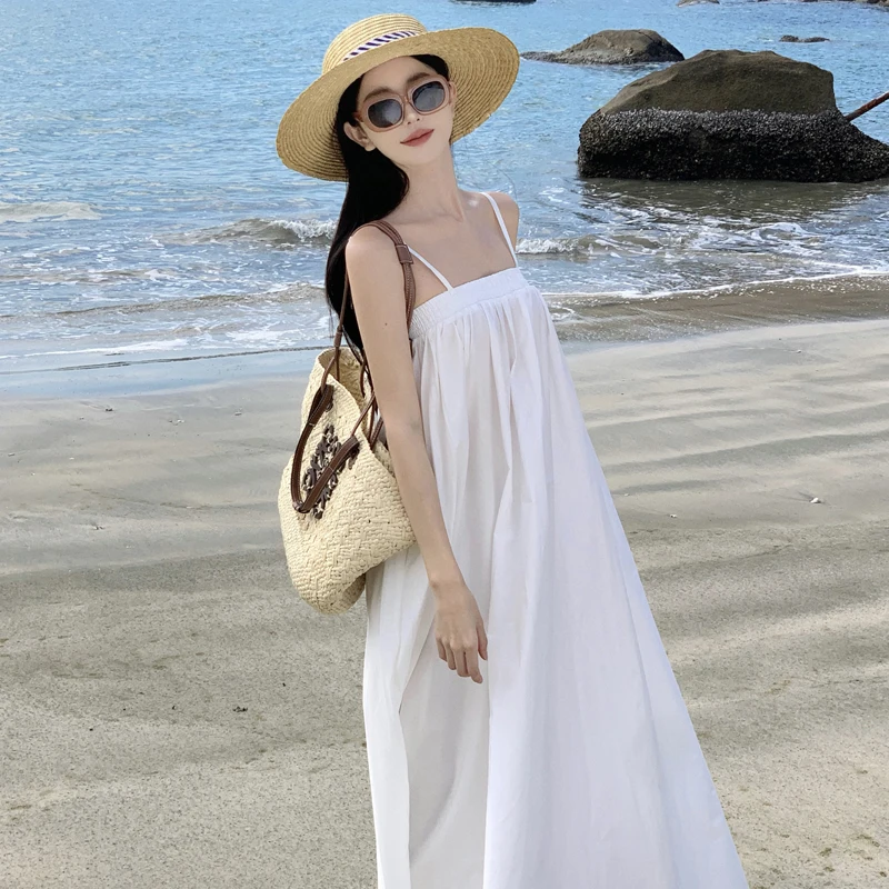 Factory Strap Dress for Women, White Vacation Style, Refreshing White Moonlight Elastic Waist, Square Neck, Loose Long Dress