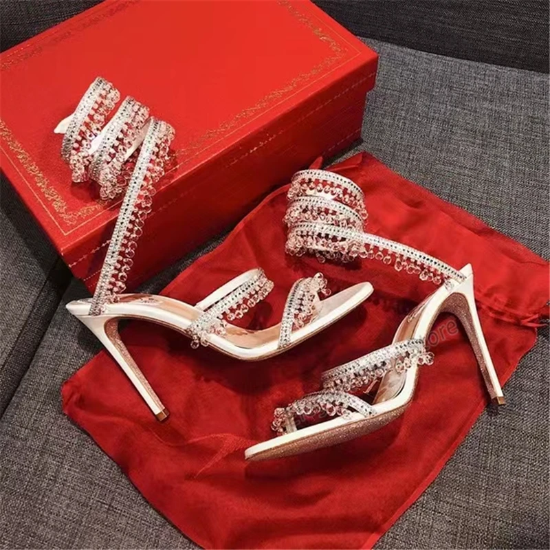 Rhinestone Snake Shape Ankle Strappy Sandals Fashion Sexy Women Party High Heel Open Toe Fringes Stiletto Heel Hollow Shoes