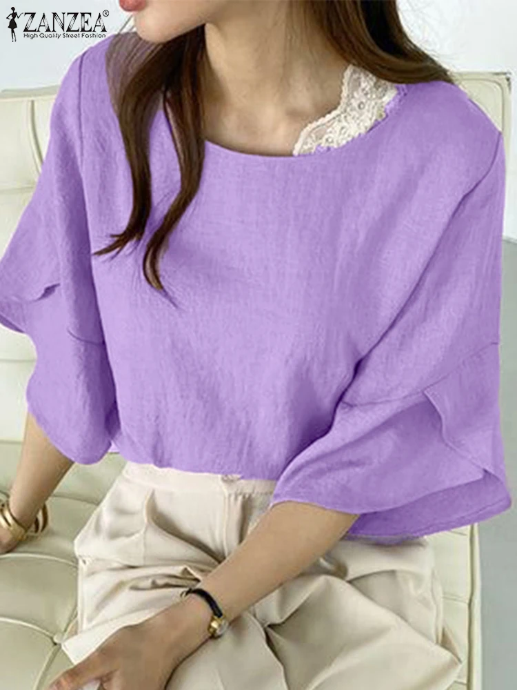 

ZANZEA Women Summer Casual Tops 2025 Korean Blouse Fashion Solid Color Tunic 3/4 Flare Sleeve Loose Blusas Femininas OL Shirts