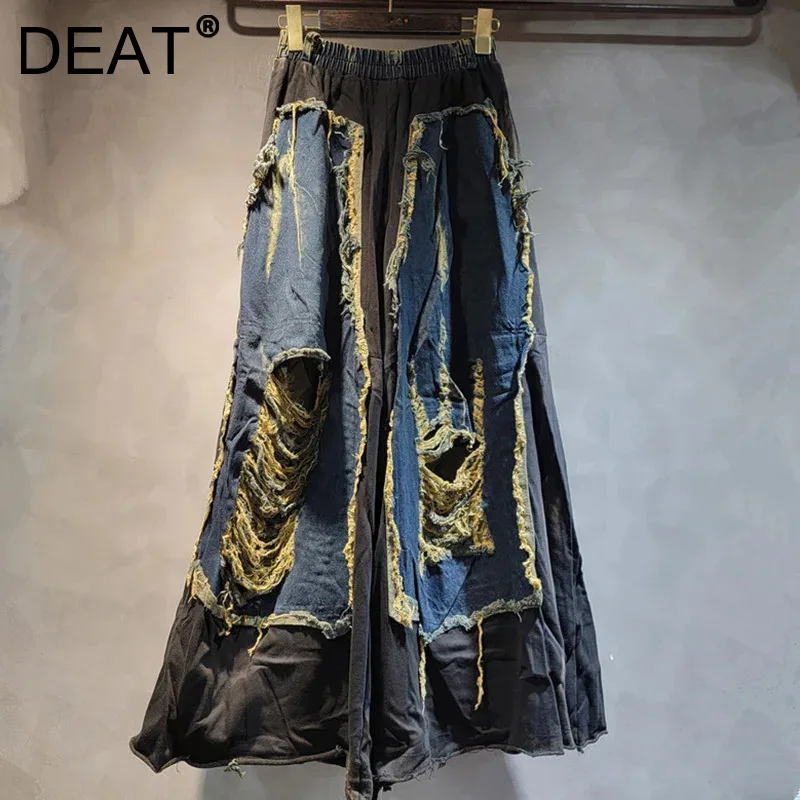 DEAT Fashion Patchwork Do Old Contrast Color Loose Jeans For Women Elastic Waist Denim Pants Trend 2024 Winter New Item 11A01676