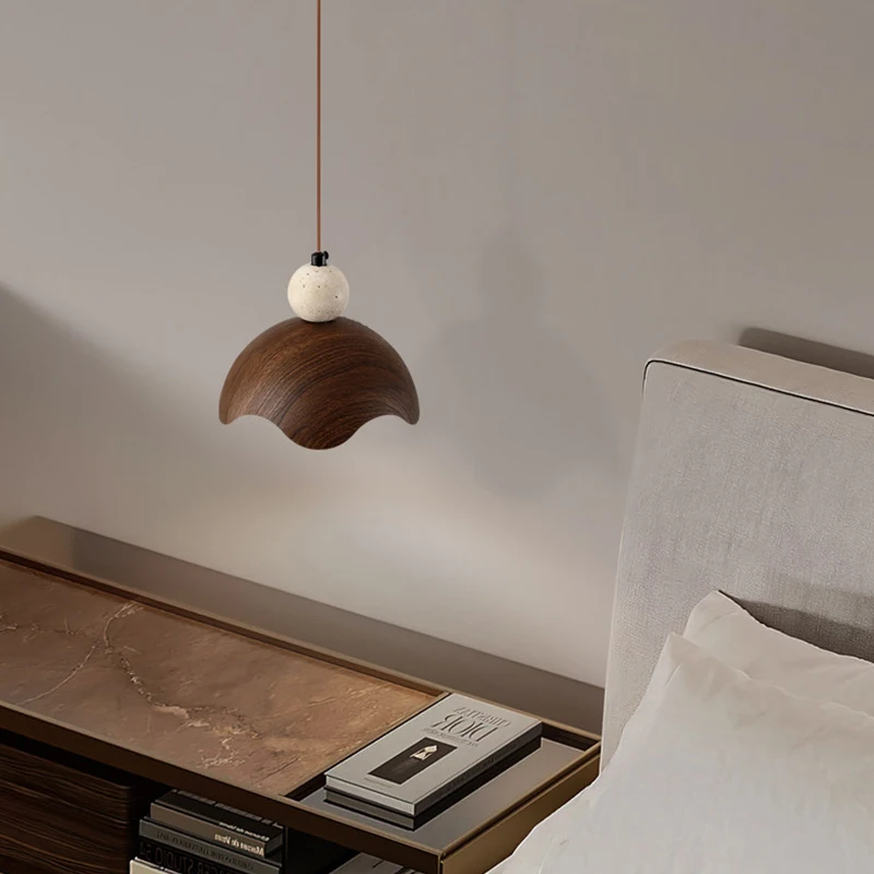 Bedroom Bedside Pendant Lighting Lamp Chinese Retro Quiet Style Yellow Cave Stone Small Hanging Line Walnut Color Daily Lighting