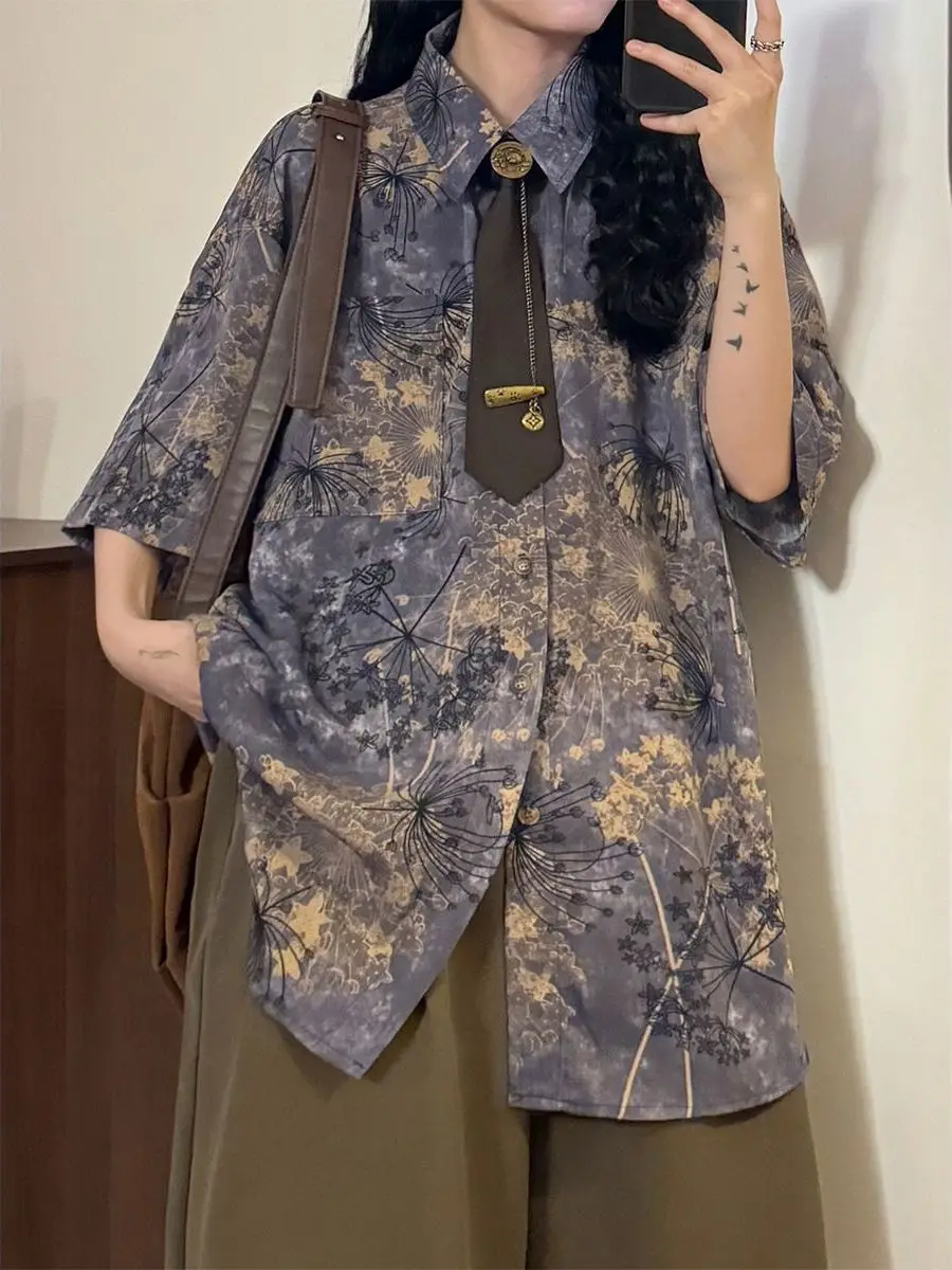 

Retro American National Style Women's Short Sleeve Shirt Loose Fit Printed Dandelion Design Summer Top Collar Polyester