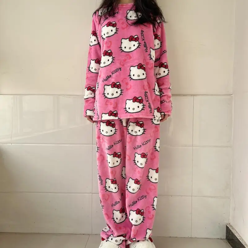 

2Pcs Set Anime Pajamas Pants Sanrio Hello Kitty Tops Pajama Set Y2K Cartoon Cute Home Wear Couple Warm Loungewear Girl's Gift
