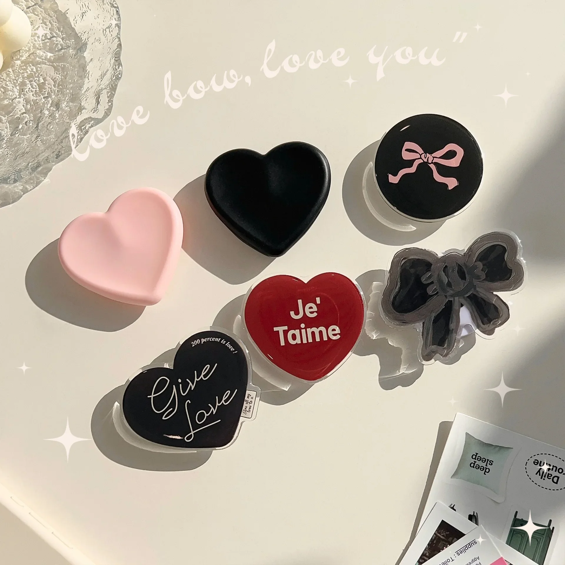 

Korean Universal Bowknot Love Heart Shaped Bracket Finger Grip Tok Griptok Phone Stand Holder Support for iPhone 17 Samsung