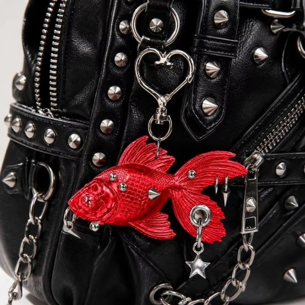 FTCY Unique 3D Printed Goldfish Keychain Gothic Dark Rivet Tassel Keychain Personalized Niche Bag Decor Pendant Gift