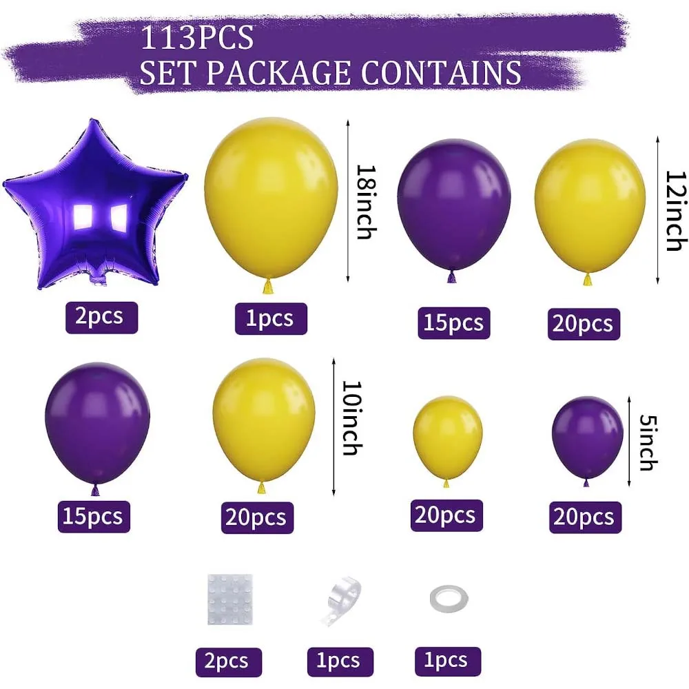 Purple and Yellow Balloons, 113 Pcs Balloon Garland Kit, with Two 18inch Purple Star Foil Balloon, for Basketball Sport Theme