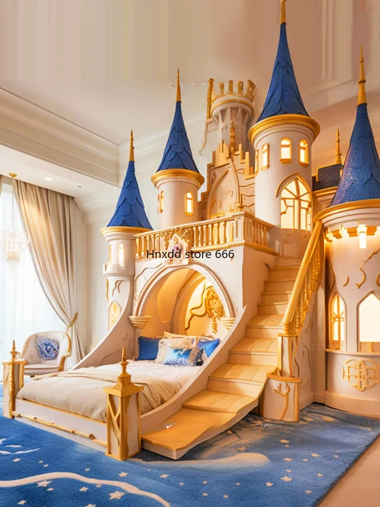 Luxury Princess Castle Staggered High and Low Staggered Upper and Lower Bunk Beds B & B Hotel