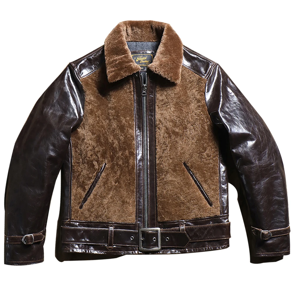 

Nice Fur Shearling Cow Leather Patch Jacket Man Winter Cowhide Leather Coat Cotton Padded Street Men Overcoat Warm Mens Clothing