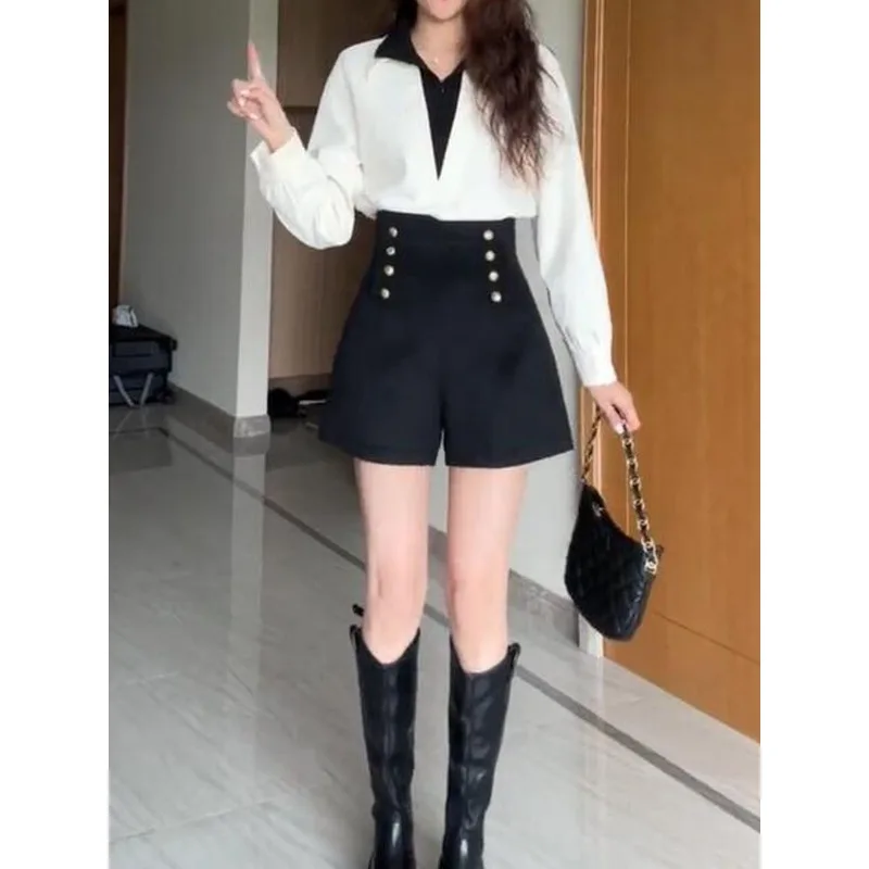 ارتفاع الخصر منقوشة بنطال ذو قصة أرجل واسعة المرأة الخريف الشتاء نمط جديد زر مزدوج المألوف التمهيد قطع بنطلون TT891 #6