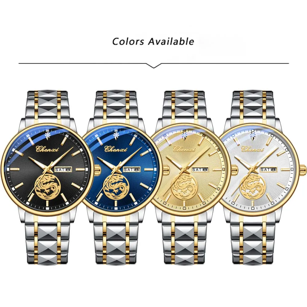 CHENXI Orologio da uomo di lusso Quadrante design drago Business Data Settimana Orologi da uomo al quarzo Orologio al quarzo impermeabile in acciaio inossidabile