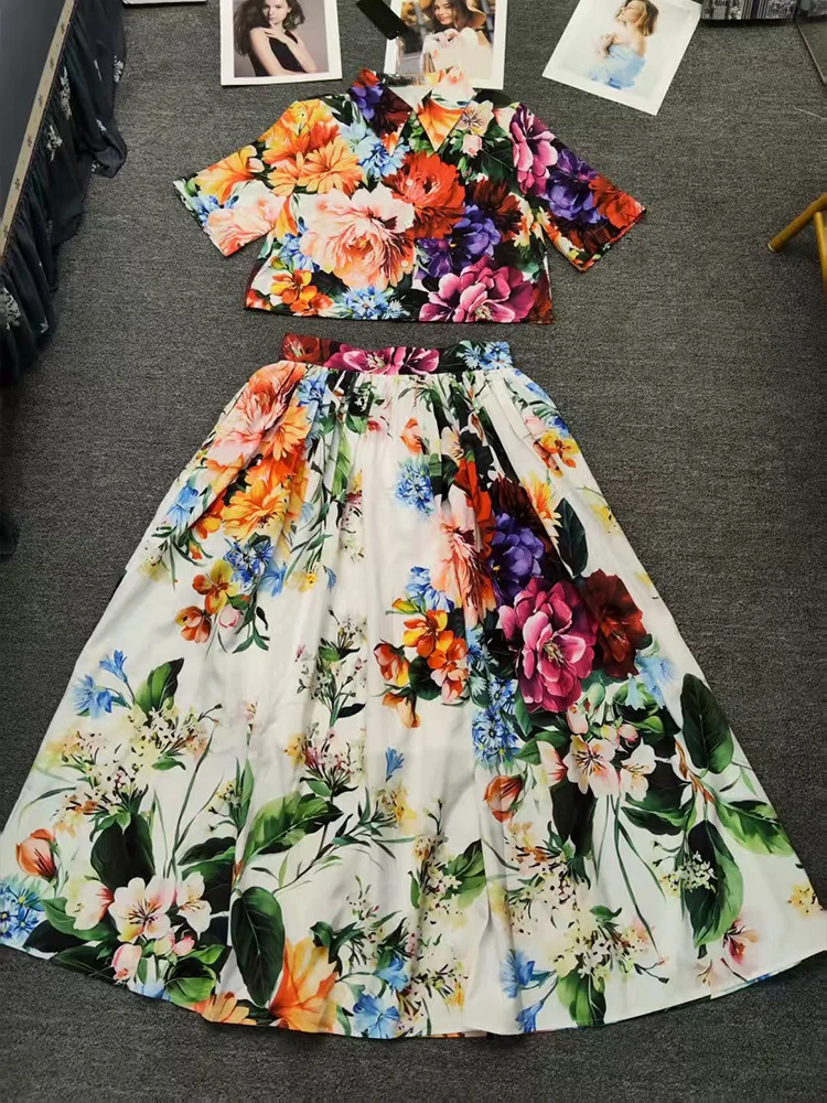 

Retro 2025 summer new temperament printed skirt lapel short sleeve short shirt+high waist big skirt fashion women's two-piece su