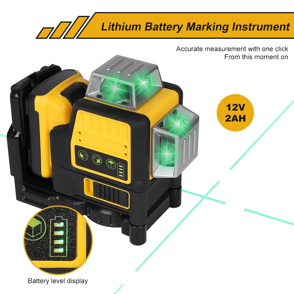 Podofo 12-Linien 3-Seiten 360° Vertikaler Grüner Linienlaser mit Selbstnivellierungsmechanismus, 12V Lithium-Batterie-Ladegerät