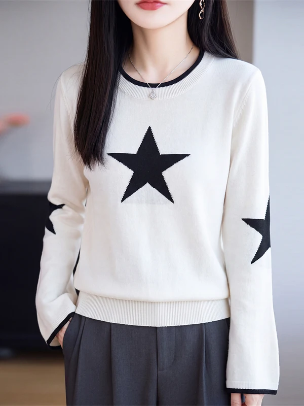 Korean Style Lazy White round Neck Sweater Women's Autumn Winter Casual Design Knitted Shirt Base Layer Top Match All