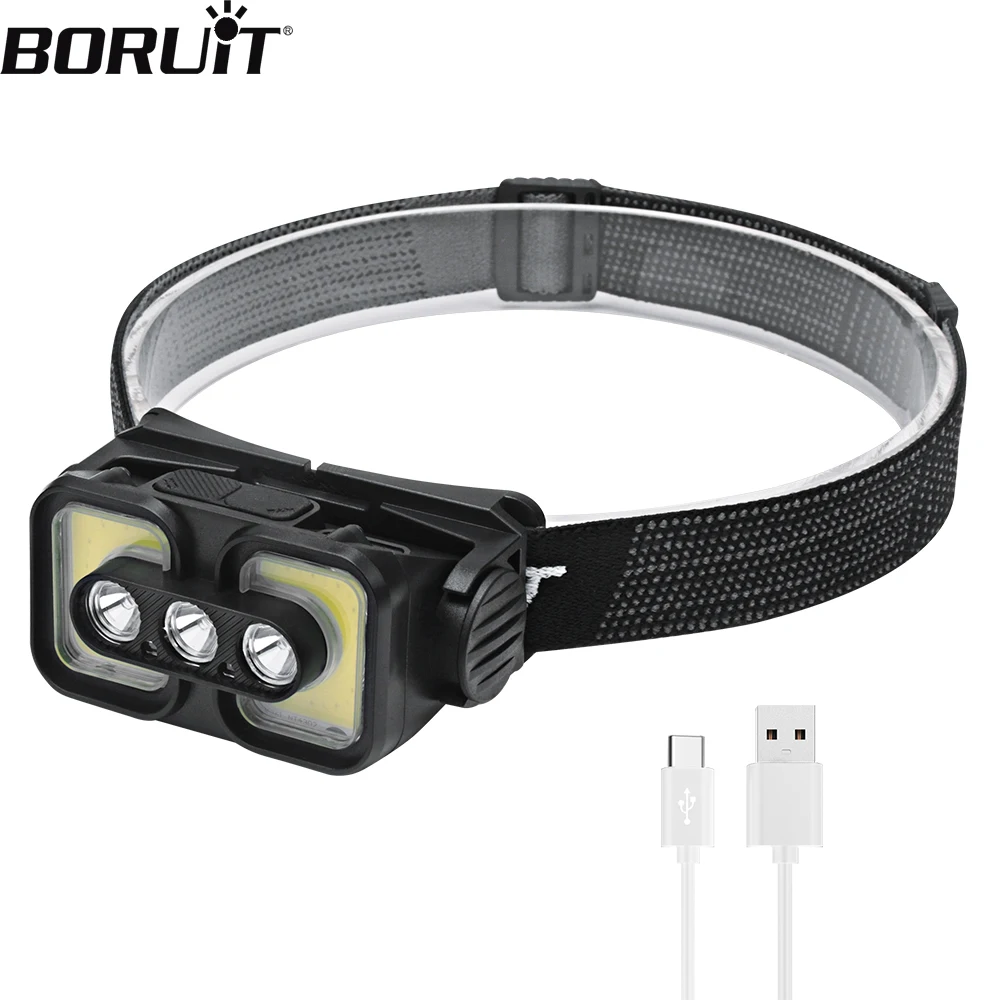 BORUiT K361 Induction LED Headlamp 300LM 6-Modes Type-C Rechargeable Waterproof Headlight Built-in 18650 Battery Camping Lantern