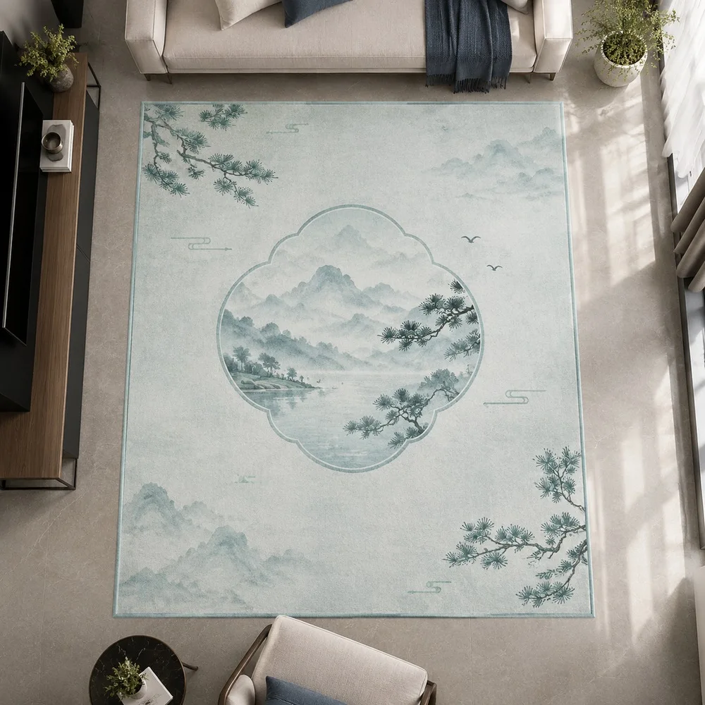 VIKAMA Door Mat Pale Cyan Ink Wash Mountain Mist Cozy Anti Slip Sitting Room Fireplace Side Table Bedroom Home Decoration