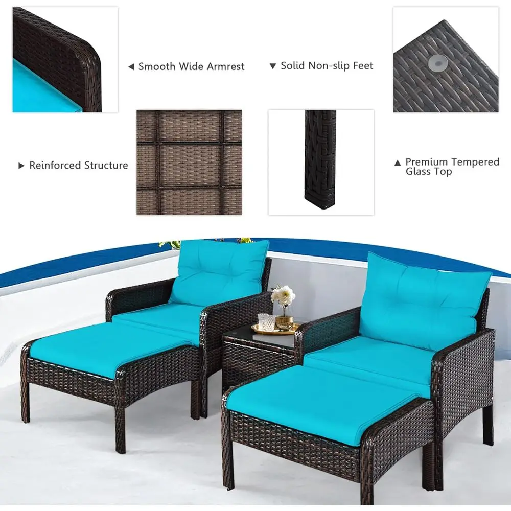 Turquoise Outdoor Patio Furniture Set - 5-Piece Rattan Conversation Set with Cushions, Glass Table, and Ottomans