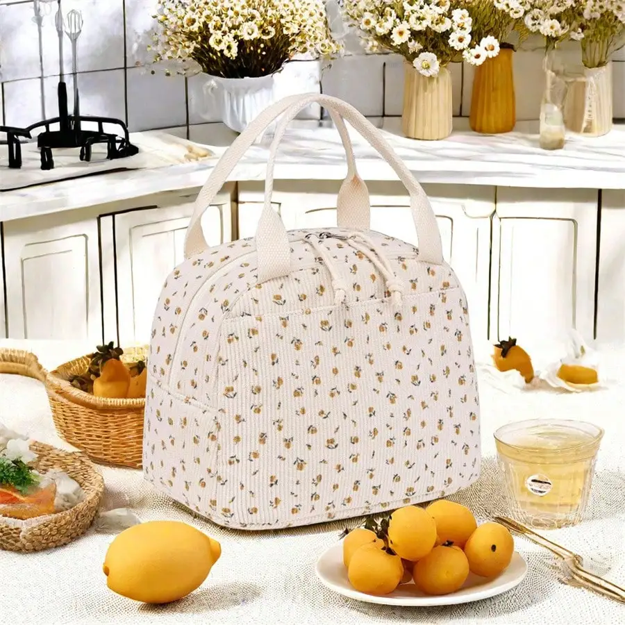 

Women Men Cute Corduroy Lunch Tote Bags Large Capacity Reusable Insulated Cooler For Work Picnic Or Travel