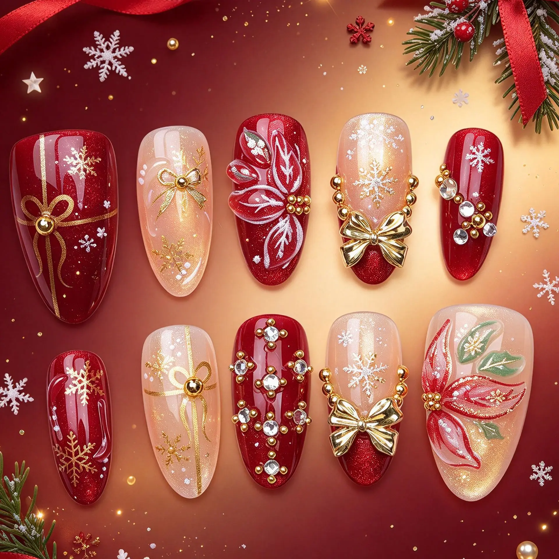 24Pcs Flower Christmas Snowflake Red False Nail Bow Gilded Design Nails Sets Press on Golden with Diamond  Detachable Fake Nail
