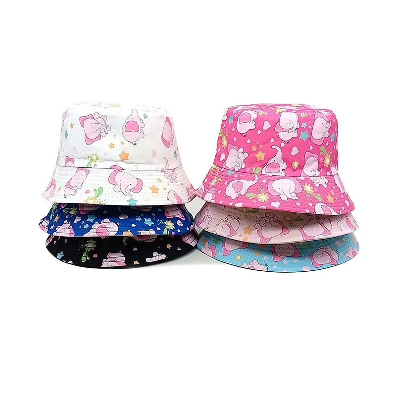 Spring Polyester Cartoon Elephant Print Bucket Hat Outdoor Travel Sun Cap for Child Boy and Girl 82