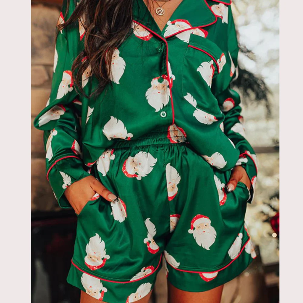 New Print Christmas New Year Pajamas Set Long Sleeve Shorts Pijamas Two Piece Set Women Pyjamas Suit Loungewear Home Clothes