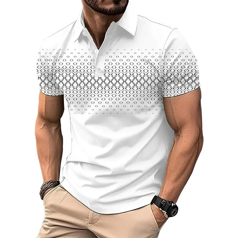 

Men's Diamond Shaped 3D Printed Lapel Polo Shirt Simple Chest Print Tops Classic Casual Comfortable Solid Color Polo Man Clothes