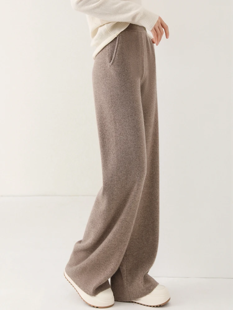 New Women’s Pure Wool Wide Leg Pants Autumn Winter Pockets Elastic Waist Straight leg Trousers 100% Merino Wool Knitting Pants