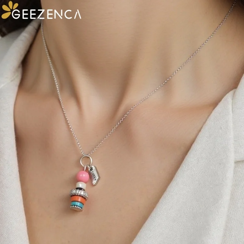 GEEZENCA Real 925 Silver Pearl Turquoise Coral Beaded Lighthouse Pendant Necklace 45cm Handmade Lucky Jewelry For Women Gift