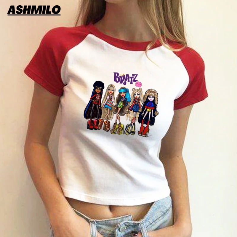 

Y2k Slim Bratz Cartoon Summer New Streetwear Tshirts Cropped Tops Graphic Tees Anime Printed T Shirts Women Short Sleeve O-neck