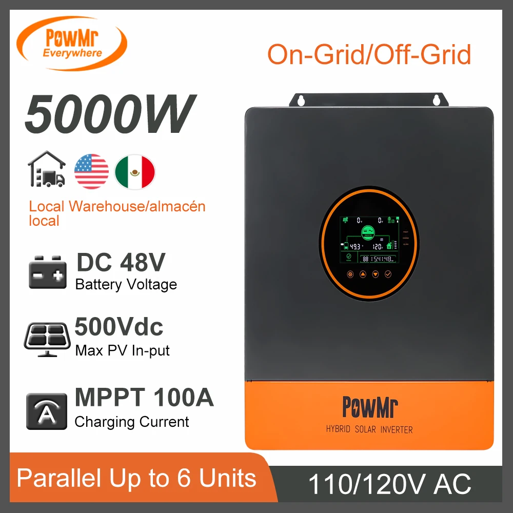 PowMr 5KW Solar Hybrid Power Inverter 48Vdc to 110V/120Vac On-Grid Three Phase Inverter With 100A MPPT Solar Charger Controller