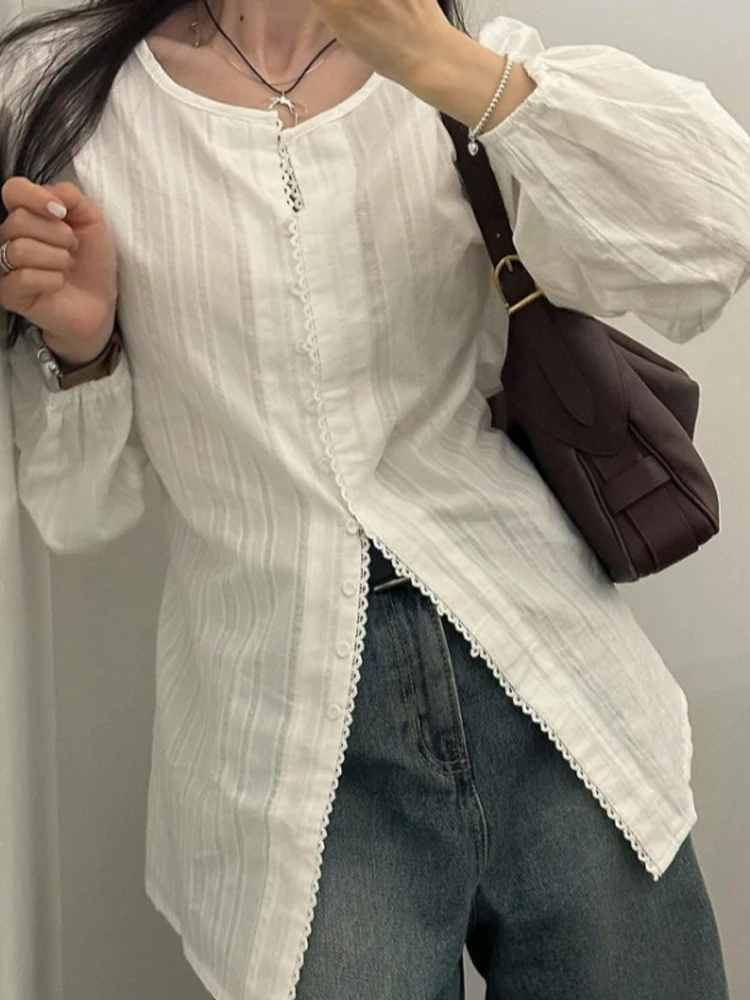 

Ele Early Spring Long Sve irt Single Button Lace Trim Striped Design Slim Fit Korean Sle Commute White Blouse